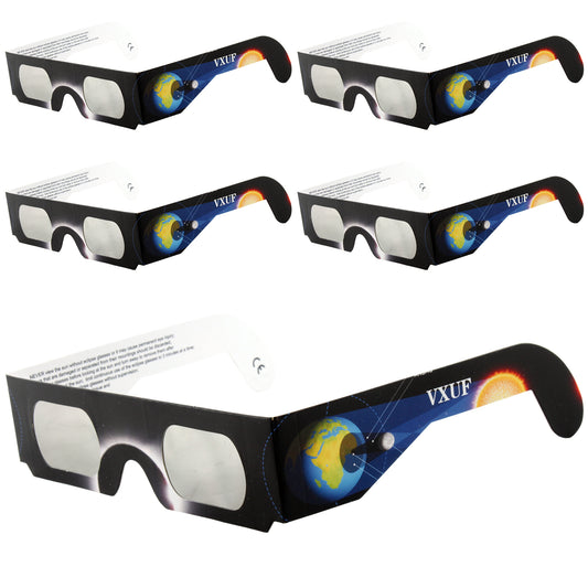 Paper Solar Eclipse Glasses 5 Packs - CE and ISO Certified Safe Shades for Direct Sun Viewing